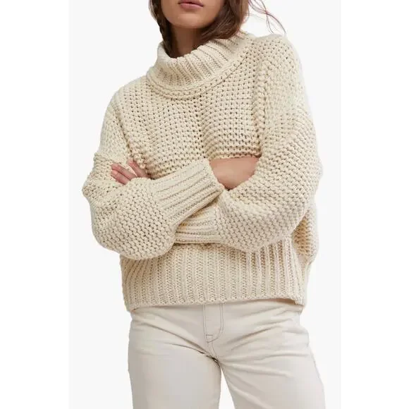 Free People Chunky Knit Cream My Only Sunshine Pullover Mockneck Sweater Preppy - Picture 1 of 16